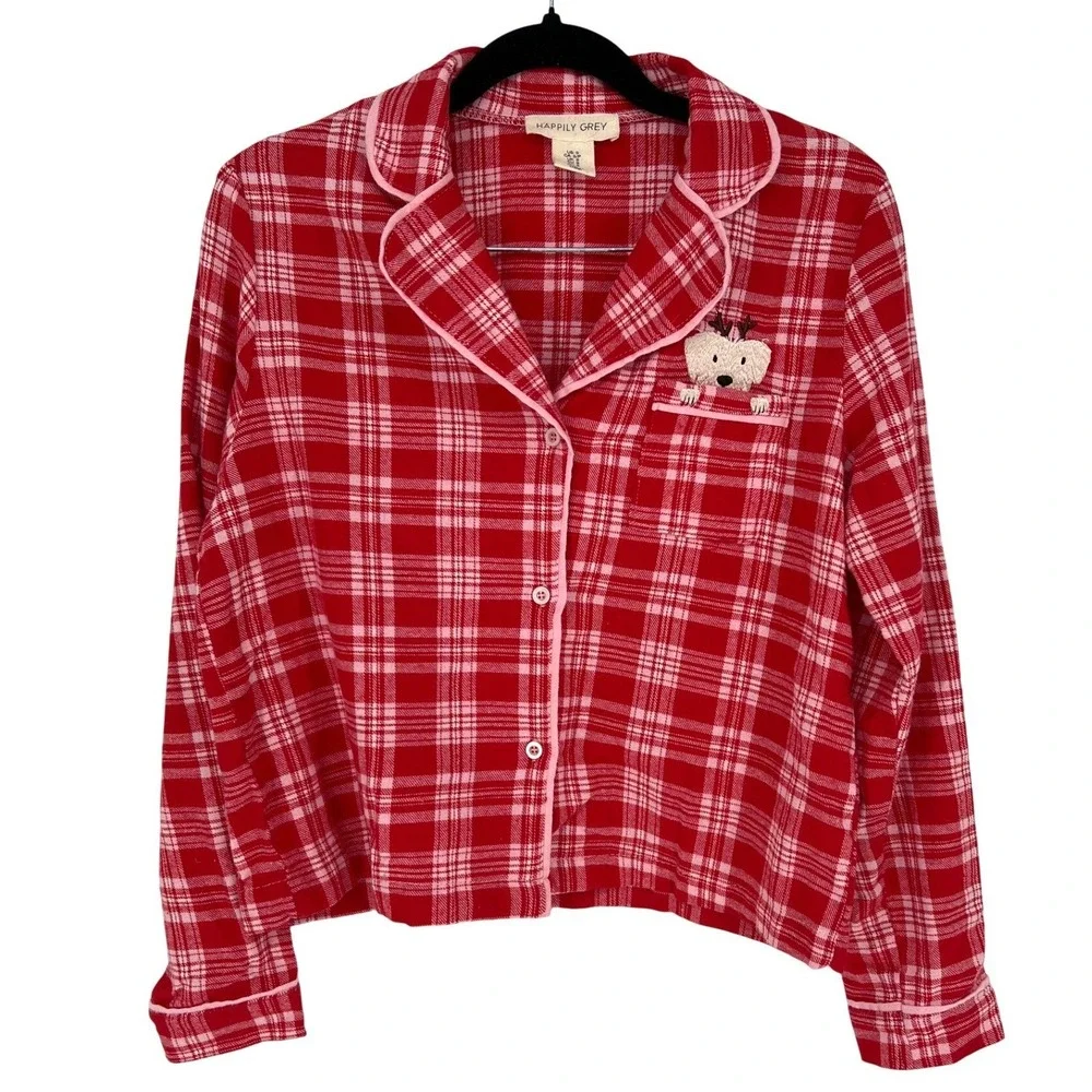 Happily Grey Red Plaid Flannel‎ Pajama Set Dog Embroidered Sleepwear Small EUC